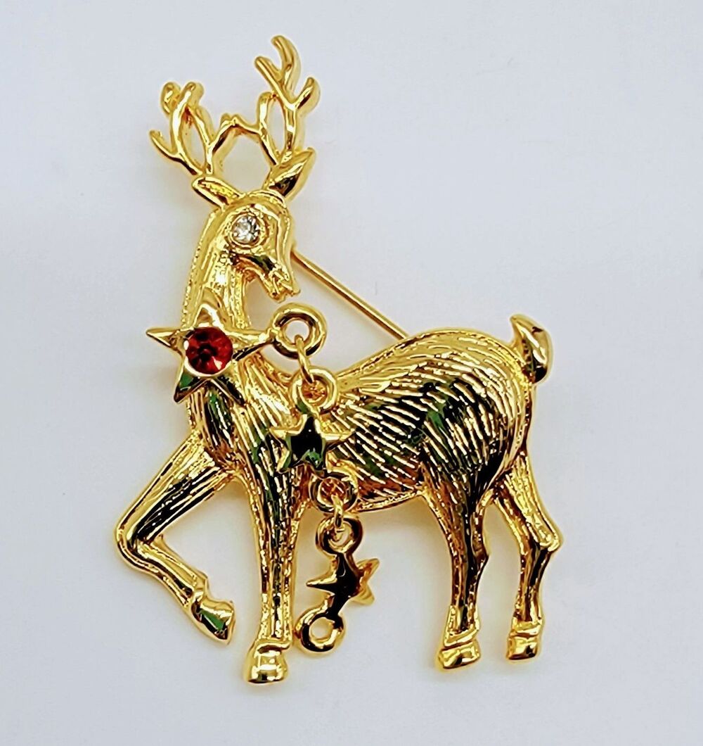 Christmas AAi Reindeer Gold Tone Brooch Pin Jeweled Rhinestone w/ Star Dangler